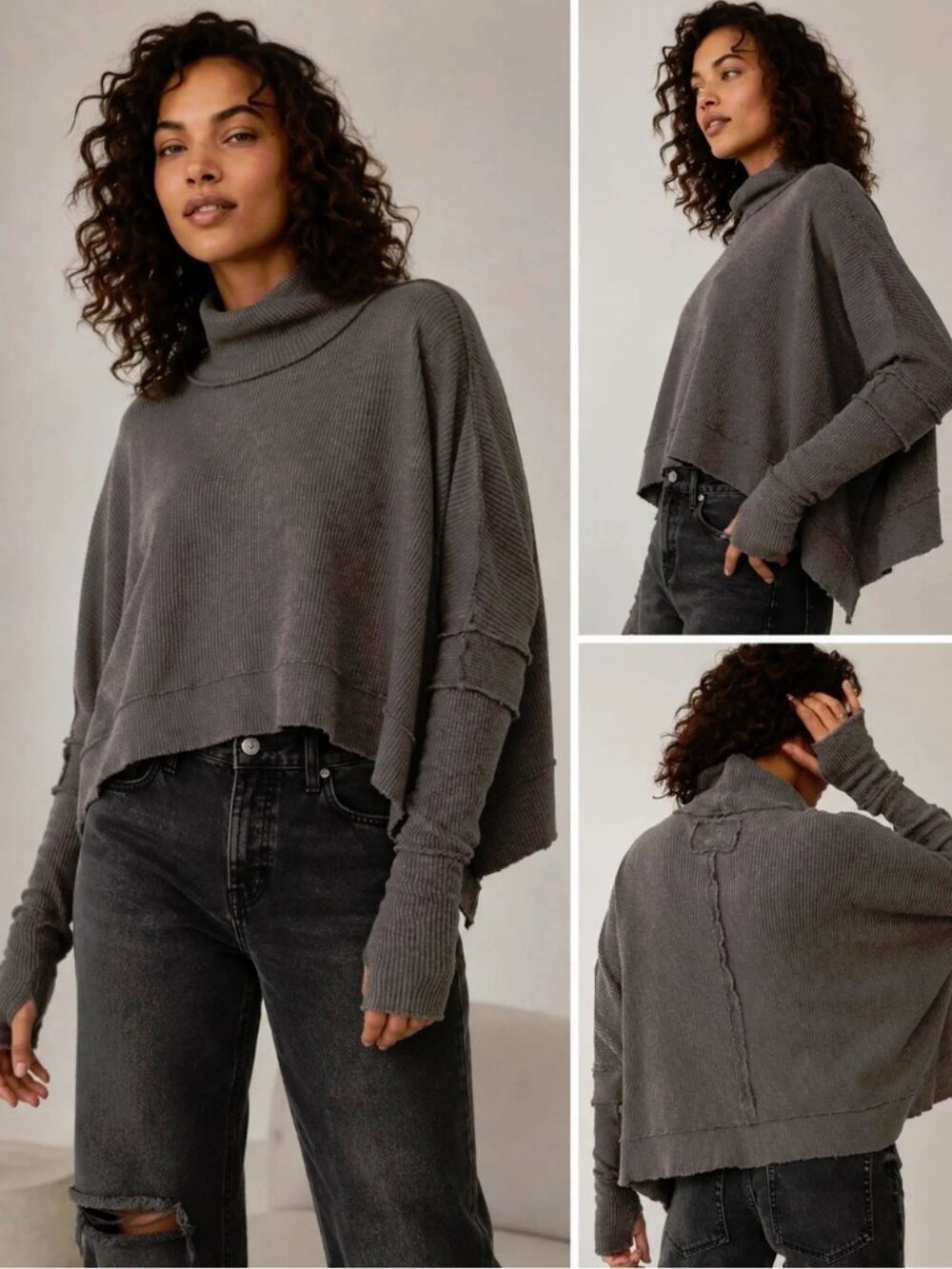 Free People We the Free NWT Oversized Gray Moon Daisy Ribbed Turtleneck Top Sm